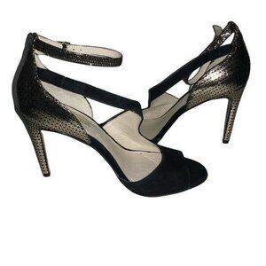 Louise Et Cie Black & Gold Ankle Strap Heels 3.5" Stiletto Open Toe Womens Size